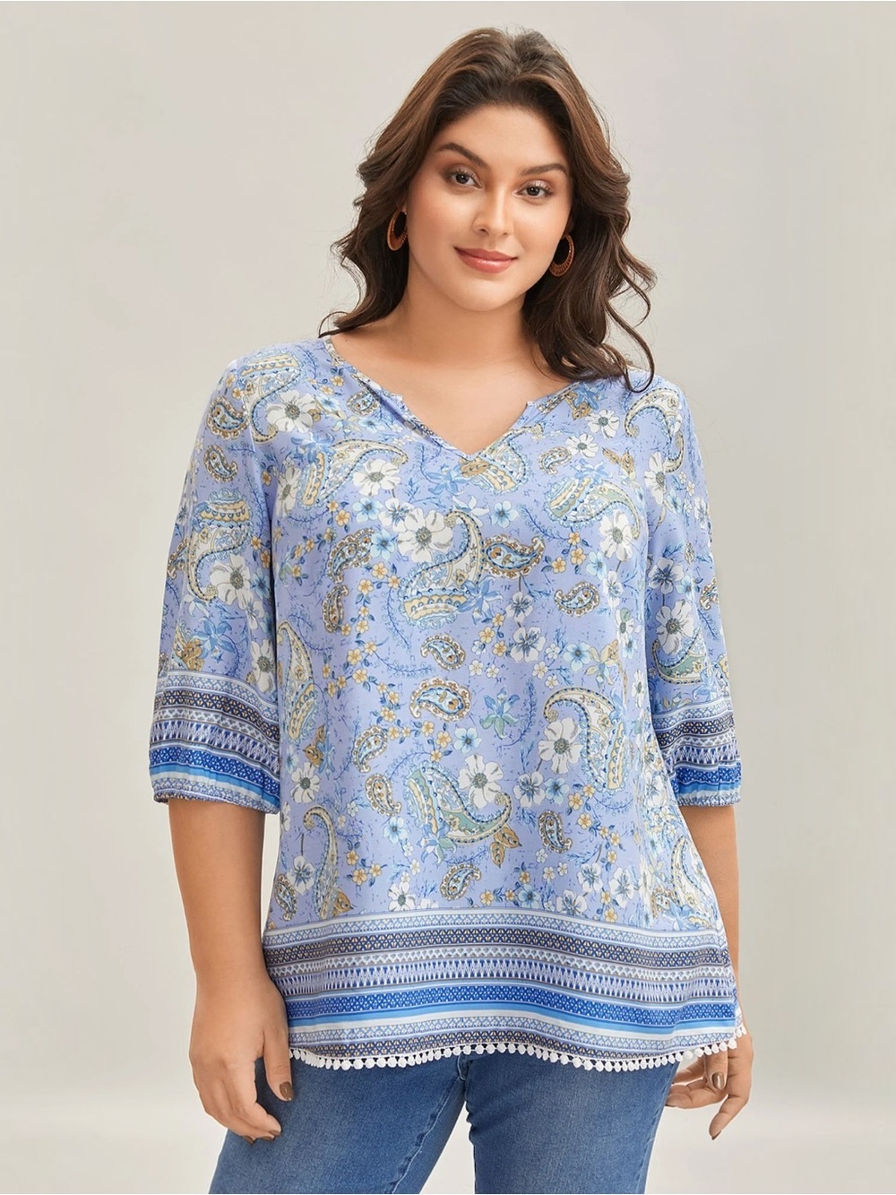 BloomChic 3X 22-24 Blue Paisley Floral Boho Tunic Blouse 3/4 Sleeve Rayon